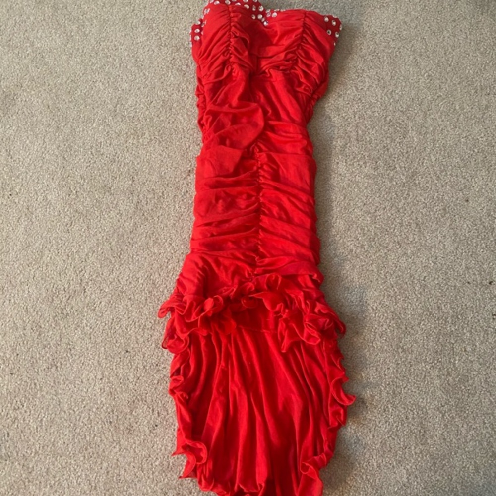 Red strapless cocktail dress
